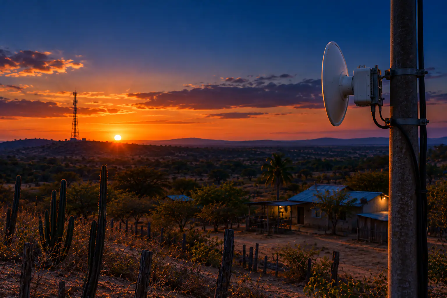 Antena de radio enlace en un poste que apunta a una torre lejana, sobre un paisaje seco con cardones y una finca al atardecer