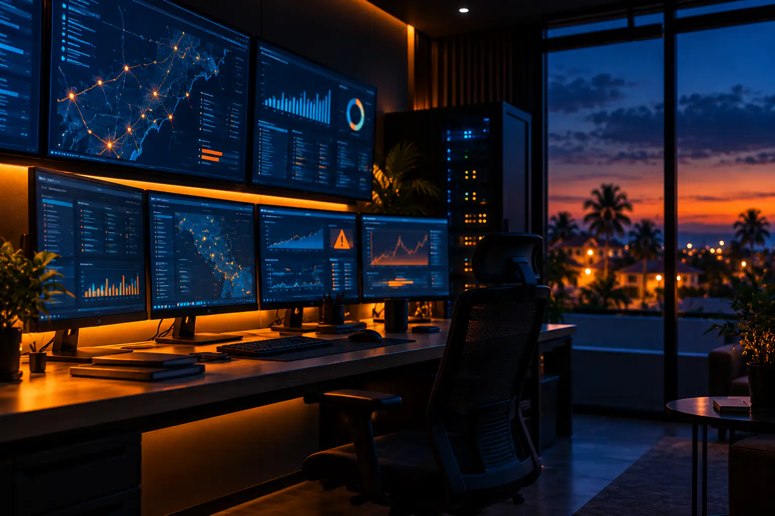 Sala de monitoreo de red en penumbra, con varias pantallas de gráficos y mapas y una alerta naranja