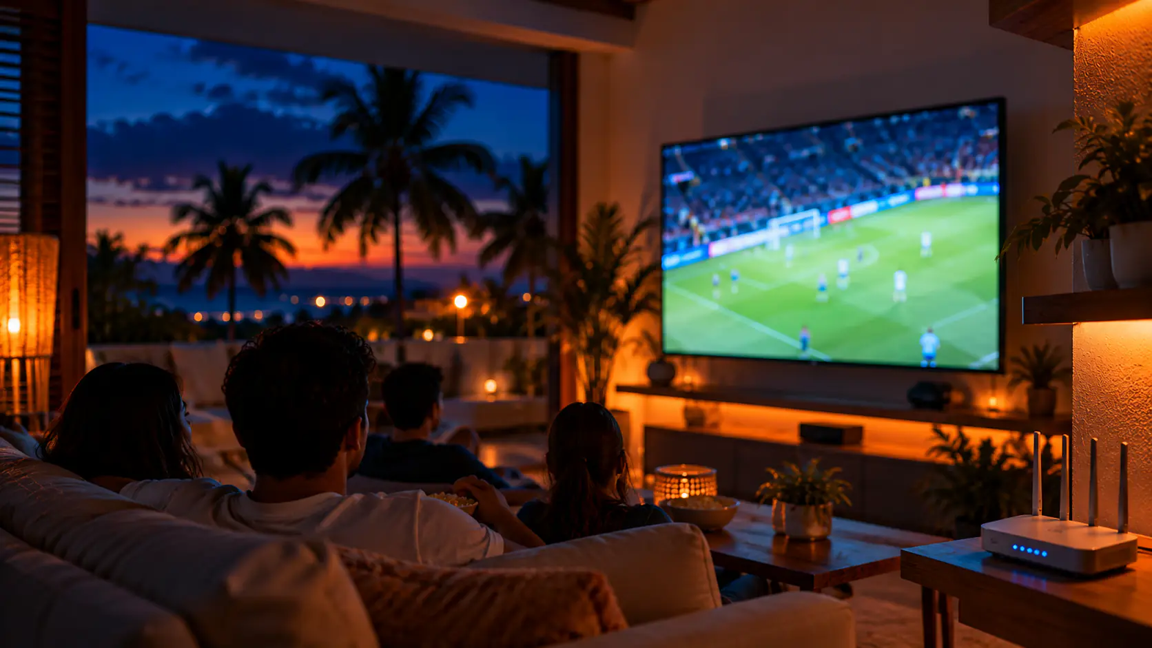 Personas de espaldas en un sofá ven un partido de fútbol en un televisor grande, con el router en una mesa y palmeras tras la ventana