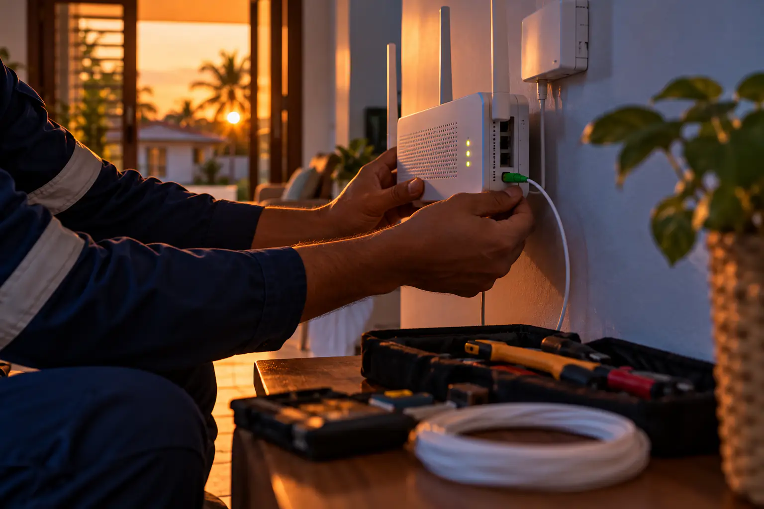 Manos de un técnico conectan un cable de fibra a un router en la pared de una casa, con herramientas y un rollo de cable sobre la mesa