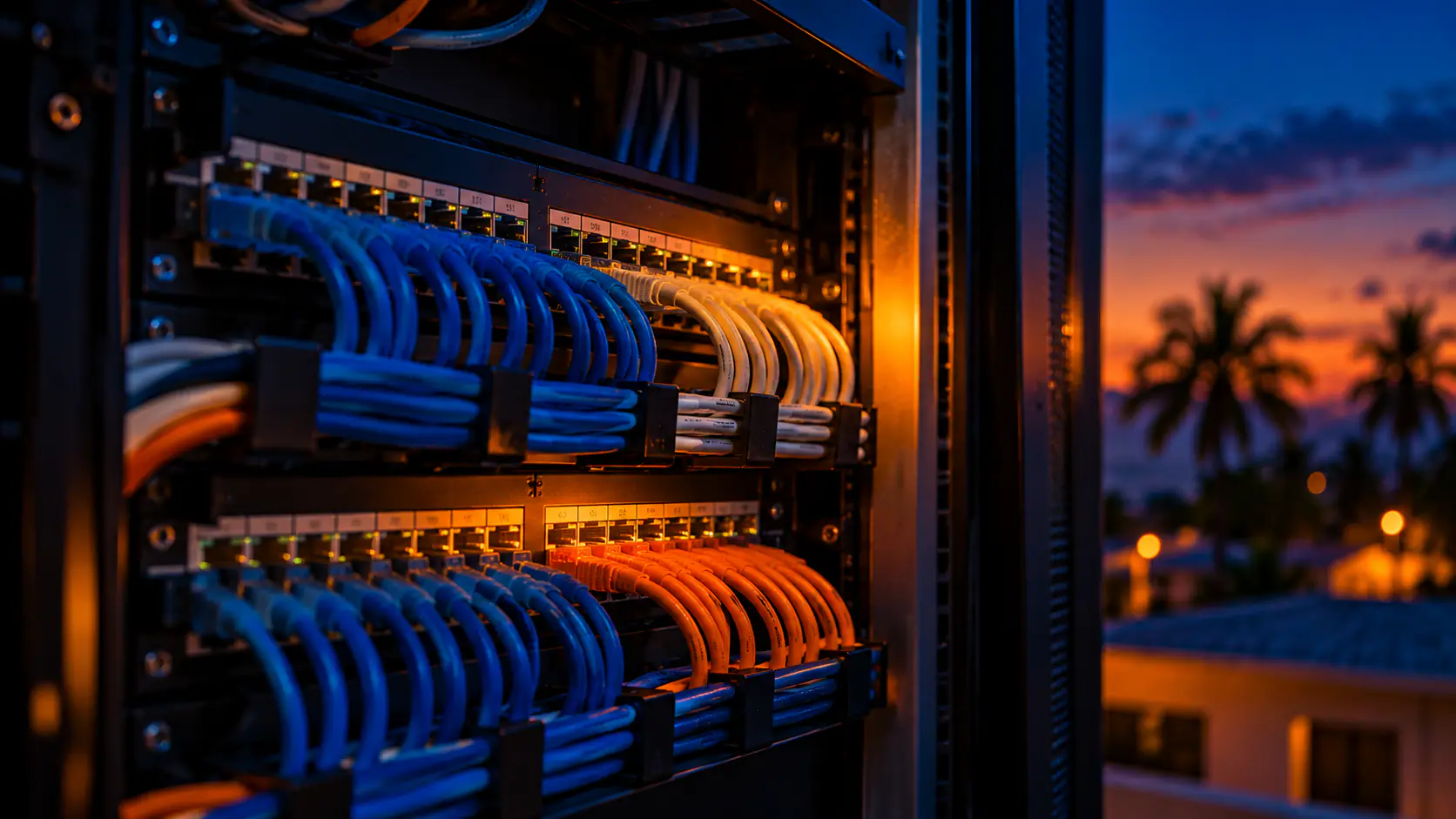 Panel de parcheo dentro de un gabinete, con cables de red azules, blancos y naranjas ordenados por colores