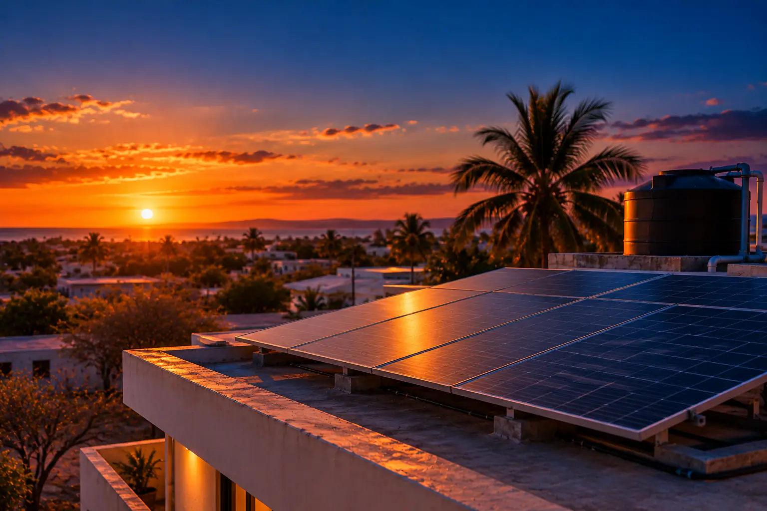 Paneles solares sobre el techo plano de una casa al atardecer, junto a un tanque de agua y una palmera