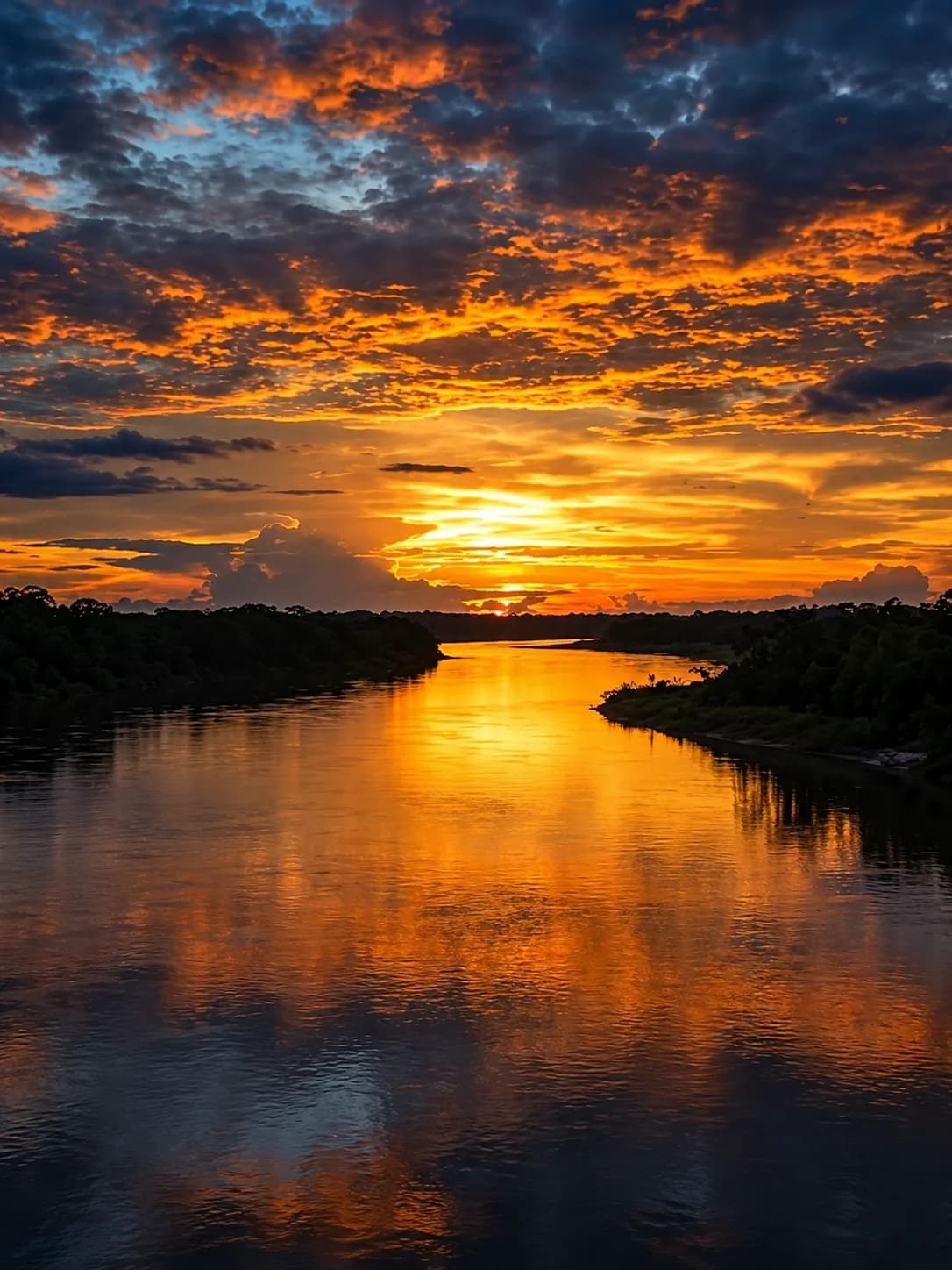 Ilustración de un río entre la vegetación al atardecer, con el cielo naranja reflejado en el agua