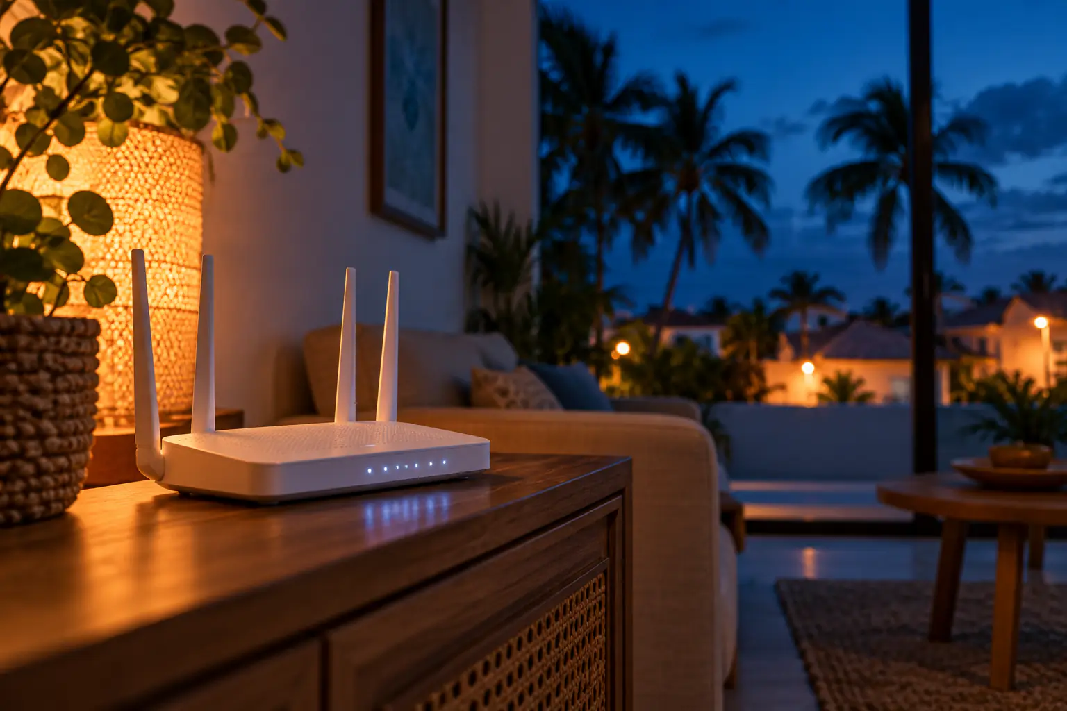 Router Wi-Fi blanco con sus luces encendidas sobre un mueble de madera, en una sala con ventana a las palmeras al anochecer