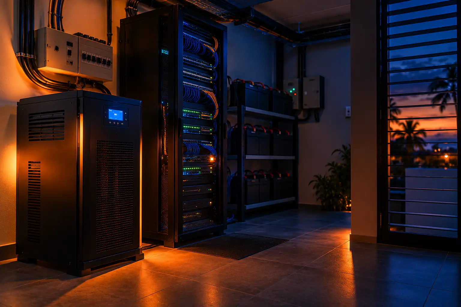 Cuarto técnico en penumbra con una UPS, baterías de respaldo y un rack de red con sus indicadores encendidos