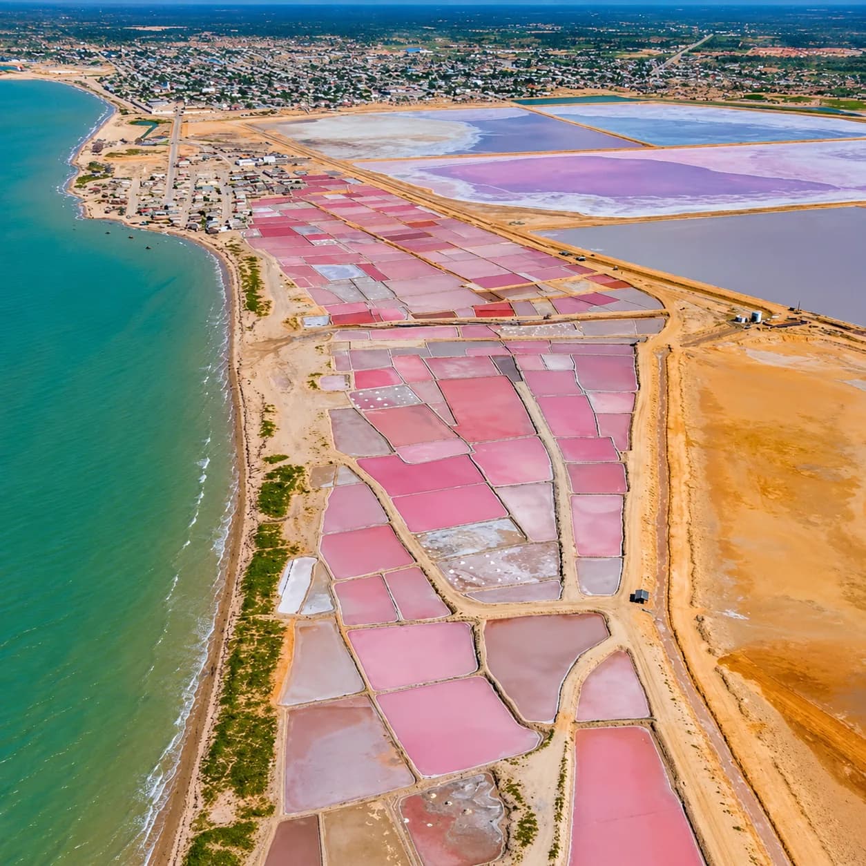 Ilustración aérea de unas salinas costeras con estanques rosados junto al mar turquesa