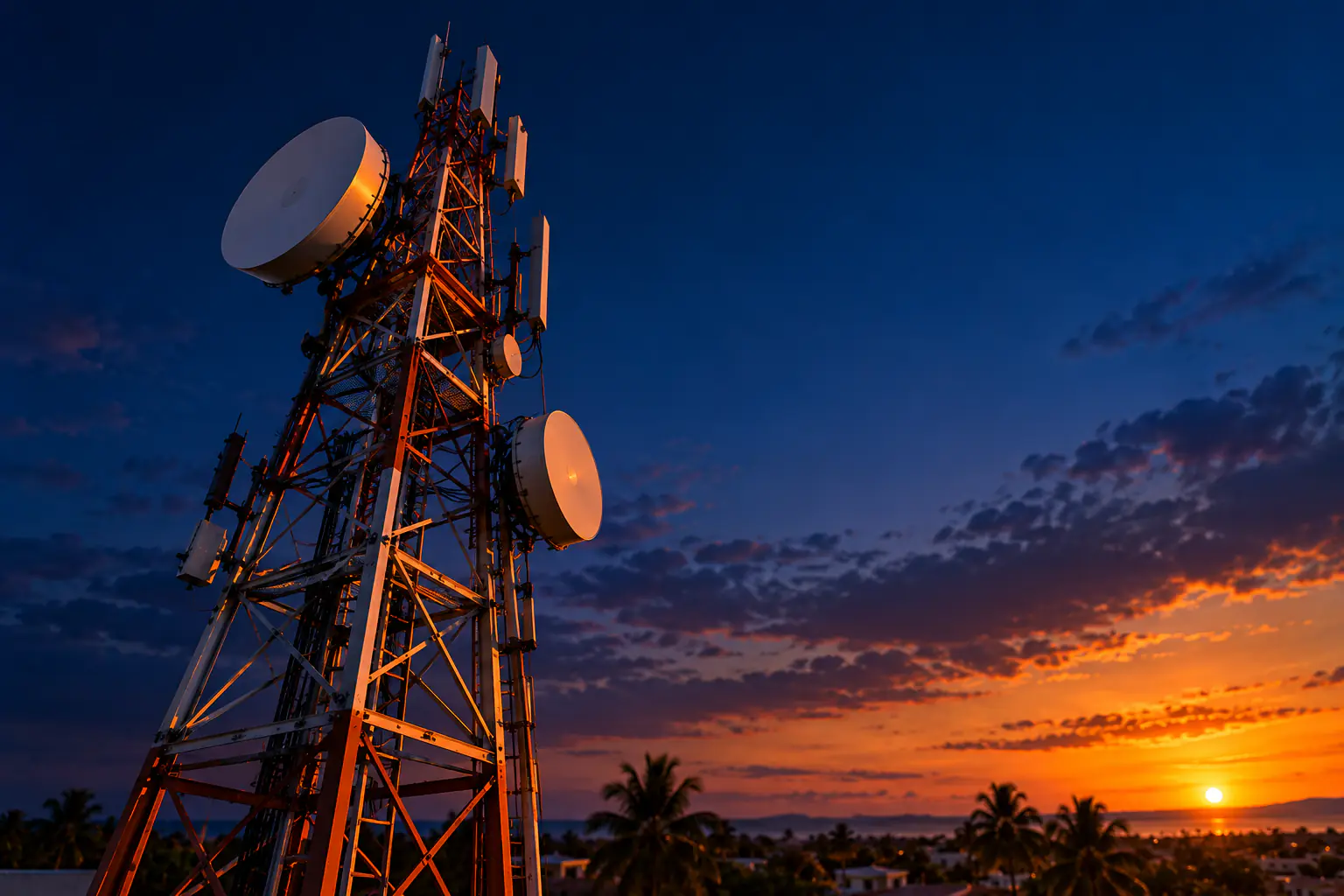 Torre de telecomunicaciones con antenas parabólicas de radio enlace, vista desde abajo contra el cielo azul del anochecer