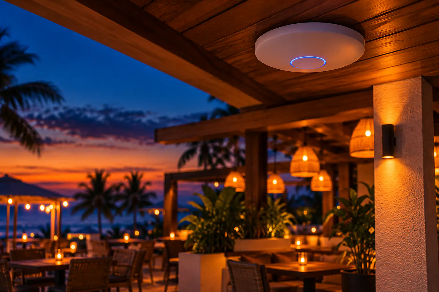 Punto de acceso Wi-Fi en el techo de madera de un restaurante al aire libre al anochecer, con mesas iluminadas por lámparas y velas